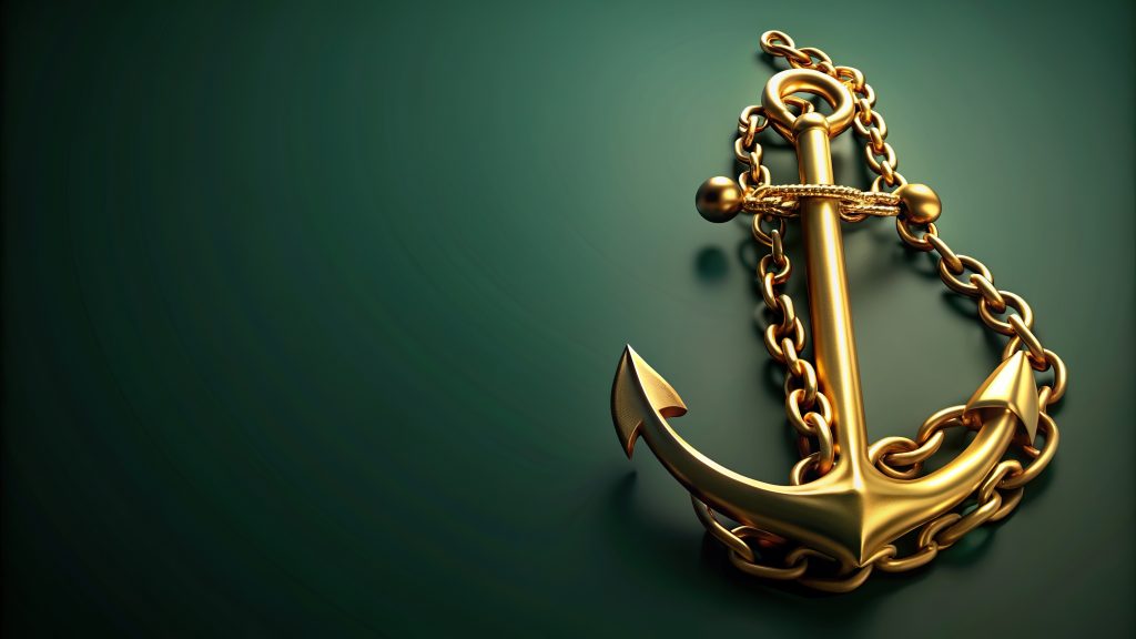 Highly detailed golden iron anchor with chain isolated on dark green background from an aerial perspective, security, navigation, ocean, stability, symbol, iron, ship, chain, nautical